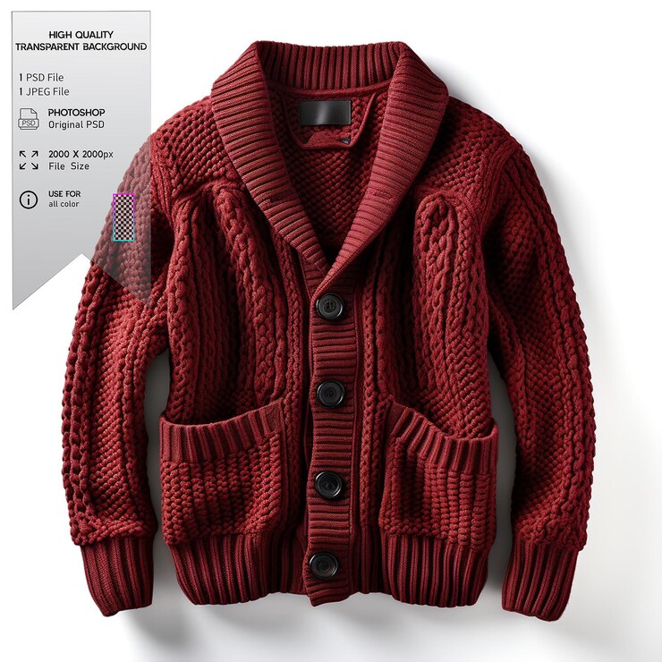 PSD un cardigan de punto marrón con botones de gran tamaño y bolsillos de parche en un fondo transparente