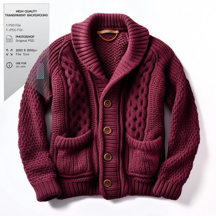PSD un cardigan de punto marrón con botones de gran tamaño y bolsillos de parche en un fondo transparente