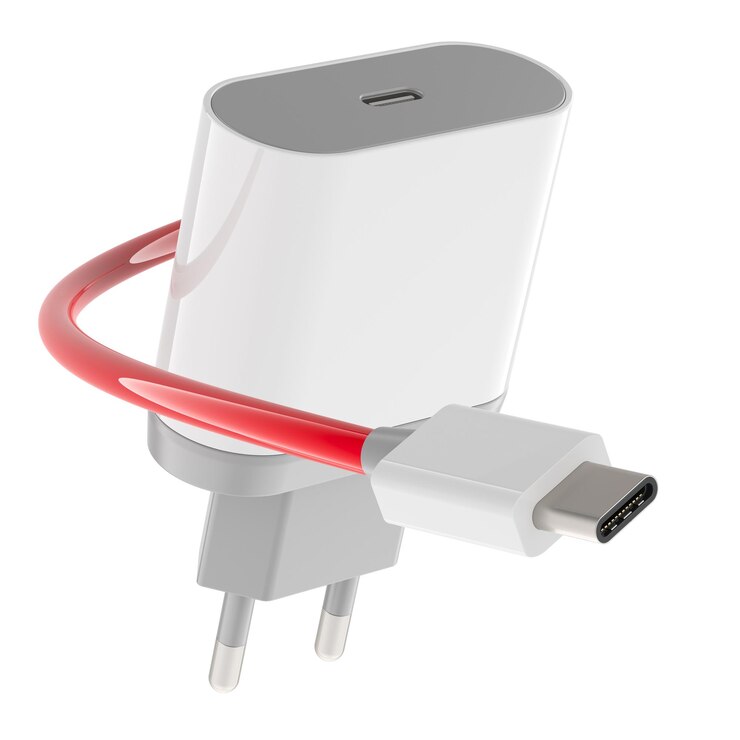 PSD cargador de teléfono usb blanco con cable de datos de carga usbc renderizado en 3d aislado en un fondo transparente