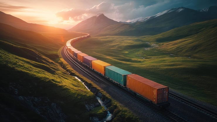 PSD cargo train on scenic mountain railway at sunset