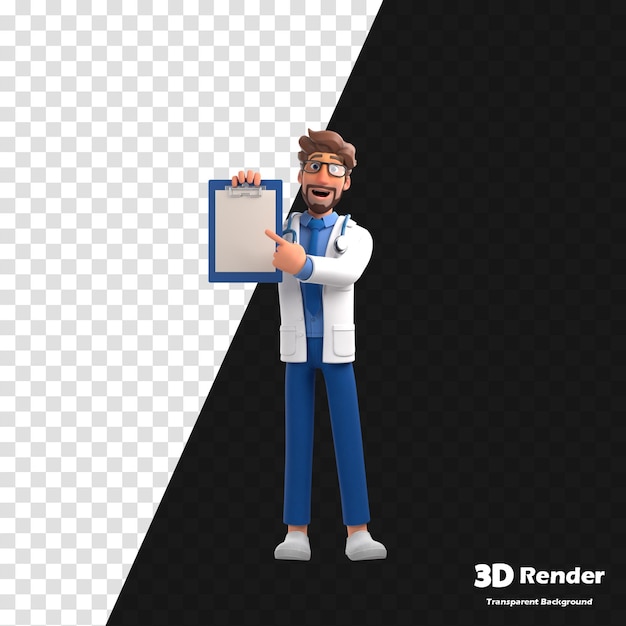 una caricatura 3D de un hombre 3D sosteniendo un clipboard