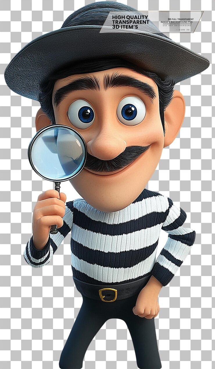 PSD caricatura en 3d de un hombre francés con una camisa blanca a rayas sobre un fondo transparente