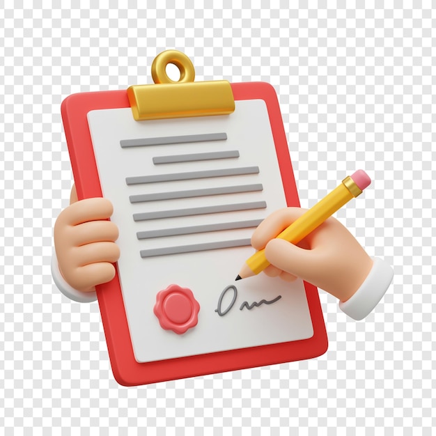 Caricatura 3D de una mano firmando un documento en un portapapeles rojo sobre un fondo transparente