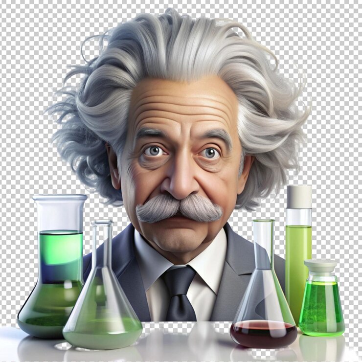 PSD caricatura de albert einstein con vasos de laboratorio