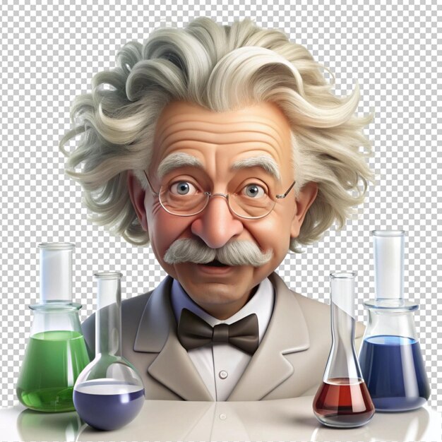 Caricatura de Albert Einstein con vasos de laboratorio