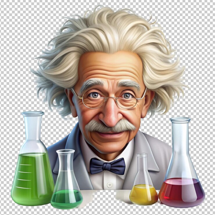 PSD caricatura de albert einstein con vasos de laboratorio
