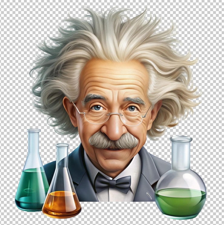 PSD caricatura de albert einstein con vasos de laboratorio