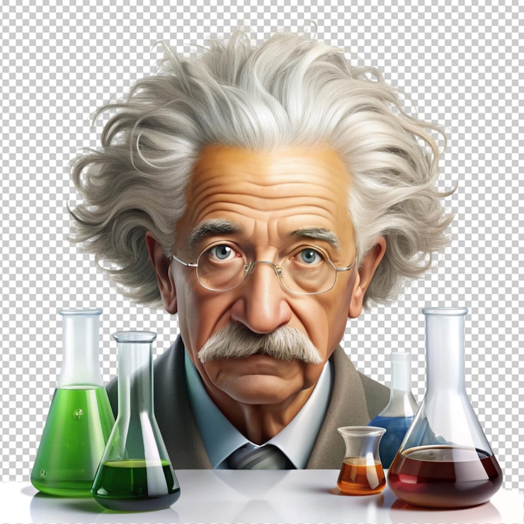 PSD caricatura de albert einstein con vasos de laboratorio