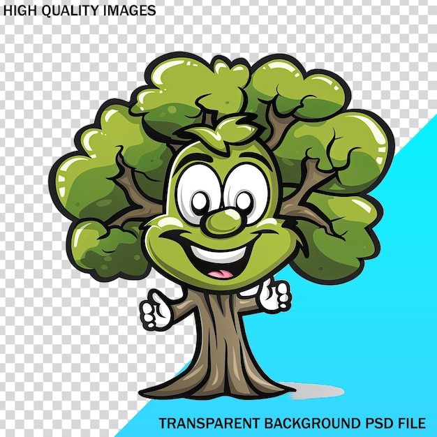 una caricatura de un árbol con una cara en él y una imagen de una rana verde en él