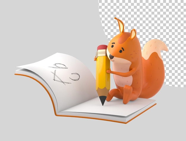 Una caricatura de ardilla renderizada en 3d escribiendo con un lápiz en el libro de papel de la escuela