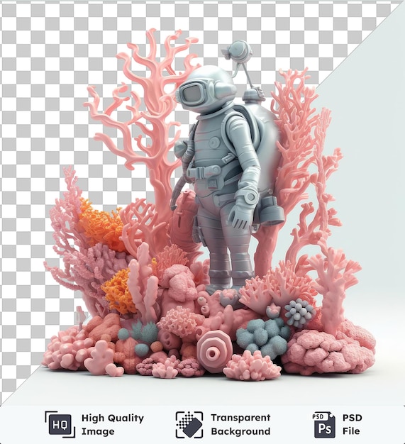 PSD caricatura de buzo de alta calidad transparente psd 3d explorando un vibrante arrecife de coral como entorno rodeado por una variedad de flores coloridas y un juguete