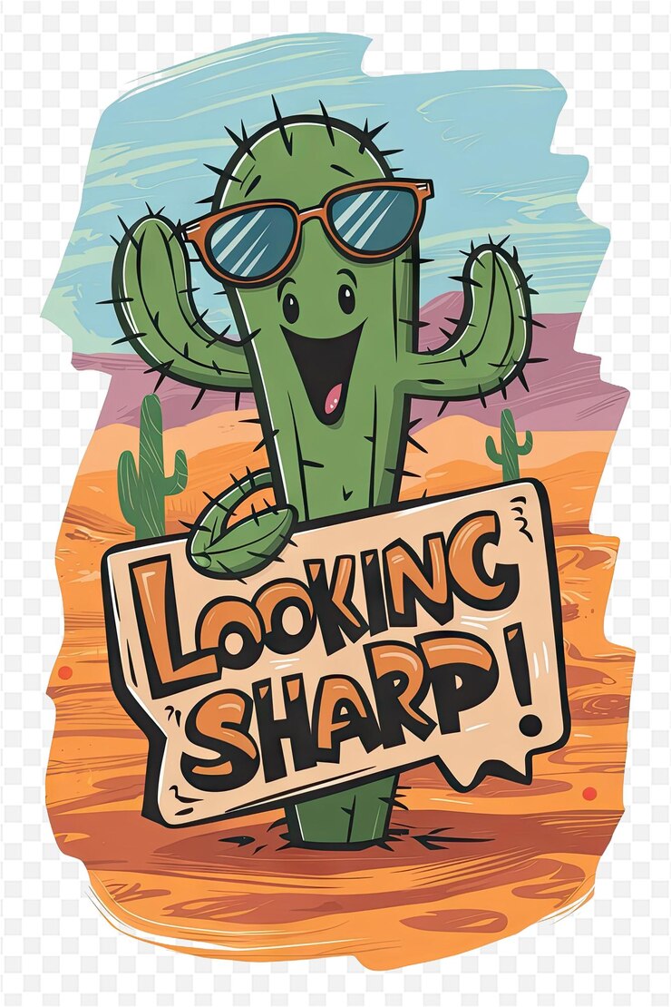 PSD una caricatura de un cactus con gafas de sol en él y un letrero que dice mirando afilado
