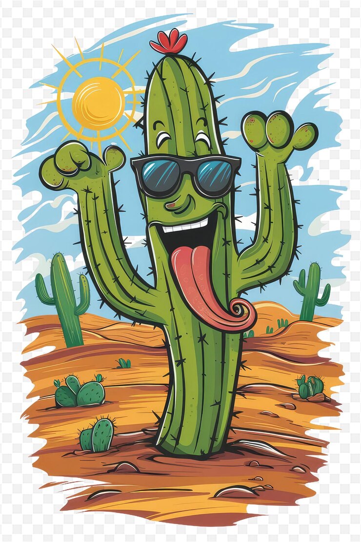 PSD una caricatura de un cactus con gafas de sol y un sol en él