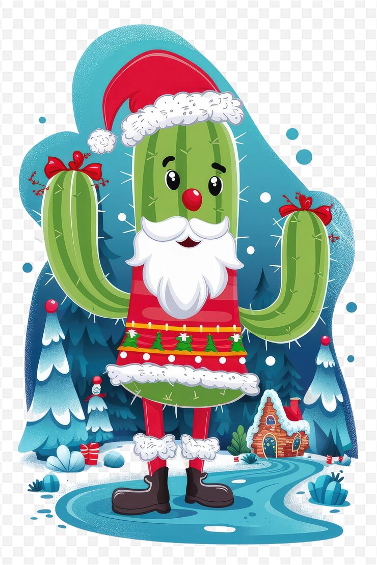 PSD una caricatura de un cactus con un sombrero de santa en él