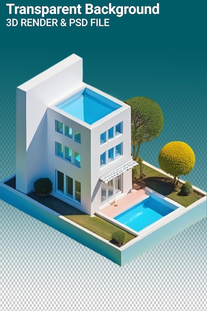 Una caricatura de una casa con una piscina y árboles