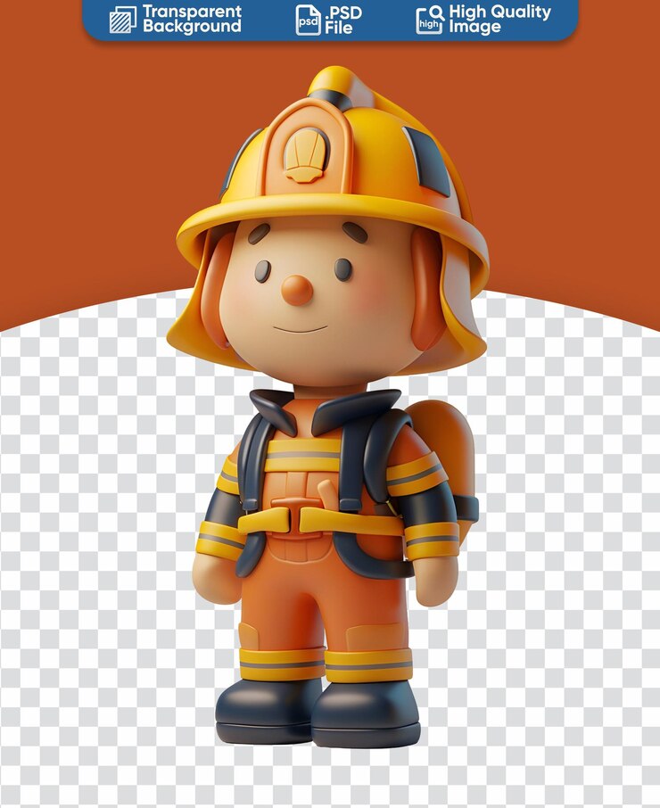 PSD caricatura de chibi de un bonito y feliz bombero en 3d que muestra profesiones que salvan vidas ilustración