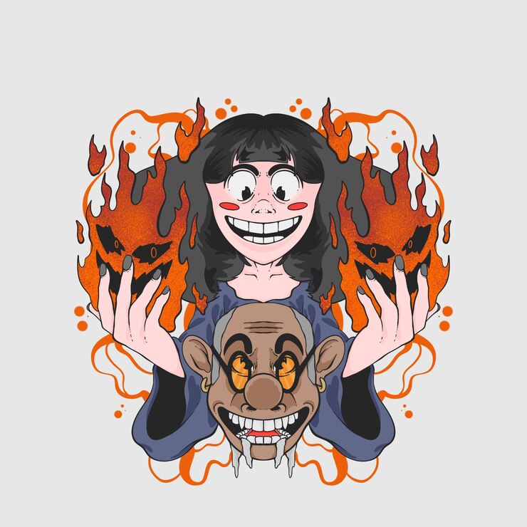 PSD una caricatura de una chica con una cara de monstruo y un perro con cuernos