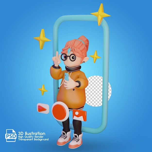 PSD una caricatura de una chica con gafas y un teléfono.