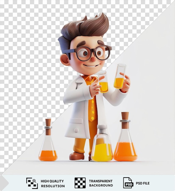 PSD caricatura de científico en 3d realizando experimentos en un tubo de ensayo rodeado de varios objetos, incluido un juguete de botella de vidrio corbata naranja cabello marrón gafas negras y mano pequeña png psd