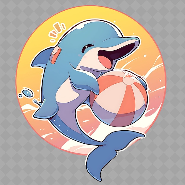 Una caricatura de un delfín con una pelota y la palabra pez en ella