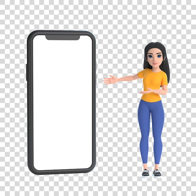 Caricatura divertida linda chica con una camiseta amarilla y jeans con un teléfono grande en un fondo blanco 3d renderizado