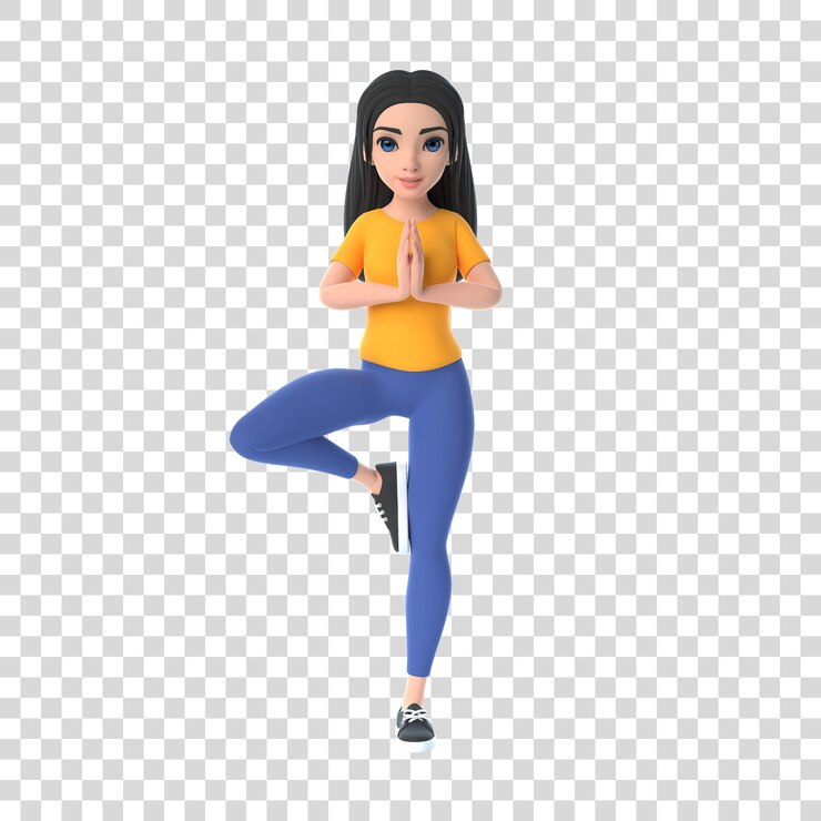 PSD caricatura divertida y linda chica de yoga con una camiseta amarilla y jeans en posición de árbol sobre un fondo blanco 3d