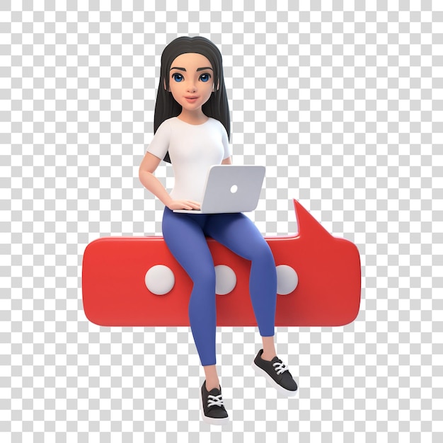 Caricatura divertida y sonriente linda chica activa con una computadora portátil se sienta en una burbuja parlante sobre fondo blanco 3D