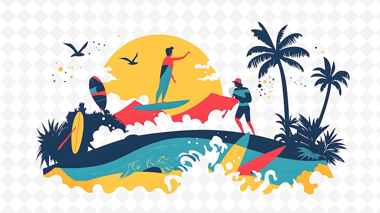 PSD una caricatura de dos surfistas en una playa con palmeras y un sol en el fondo