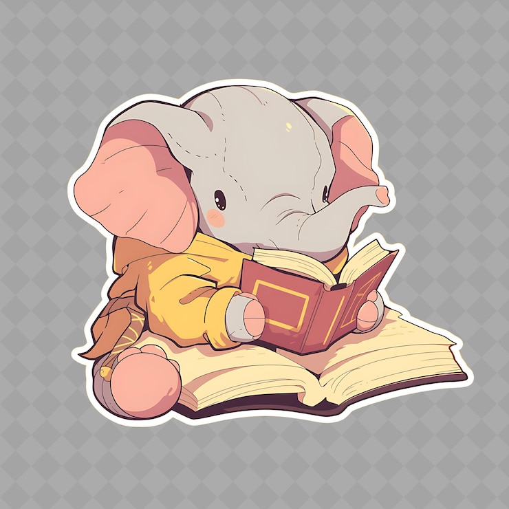 PSD una caricatura de un elefante leyendo un libro con un libro titulado un elefante