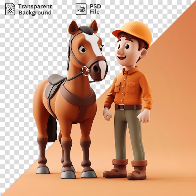 PSD caricatura de entrenador de caballos de carreras en 3d que cuida a un caballo campeón con un casco amarillo y naranja, cinturón negro y botas marrones con una mano blanca visible en primer plano