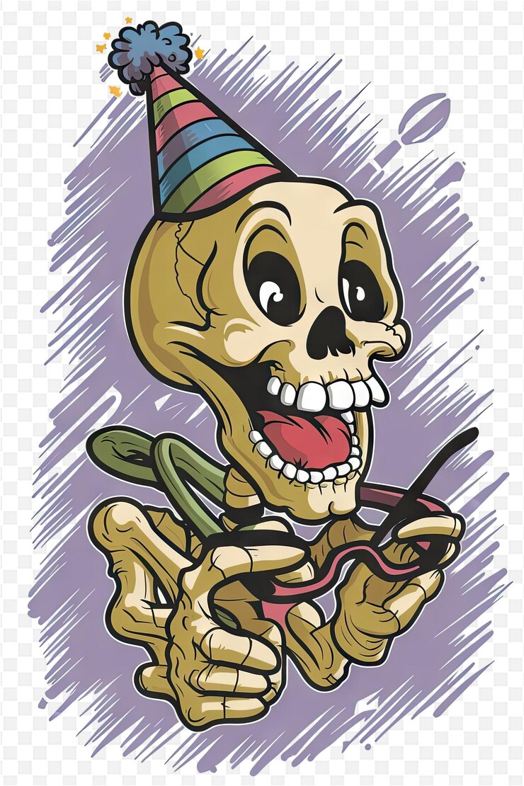 PSD una caricatura de un esqueleto con un sombrero de fiesta en él