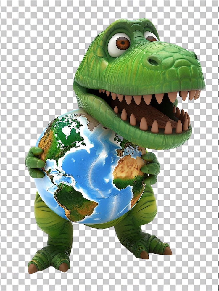PSD la caricatura de green trex sosteniendo el globo mundial