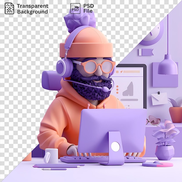 Caricatura de hacker 3d infiltrándose en una red con una computadora portátil rodeada por una pared púrpura y un fondo transparente con gafas naranjas y una bufanda púrpura mientras sostiene una taza blanca