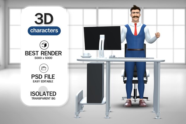 PSD caricatura, hombre de negocios, posición, al lado de, escritorio de oficina, con, computadora de computadora portátil