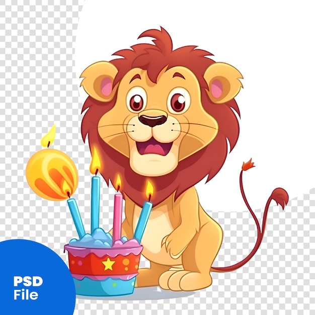 PSD caricatura de león con pastel de cumpleaños y velas aisladas en un fondo blanco plantilla psd