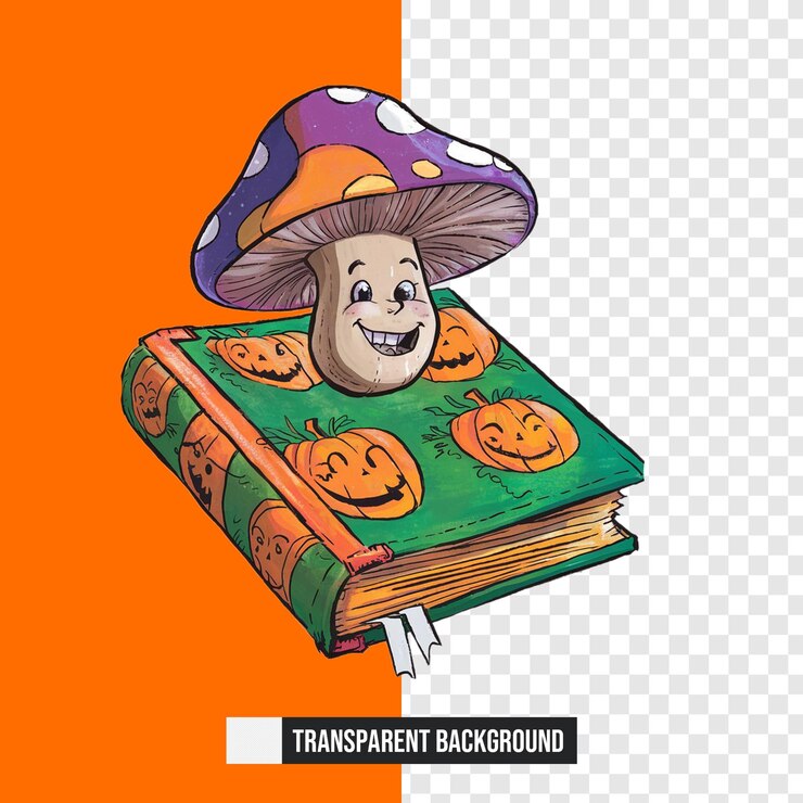 PSD una caricatura de un libro de hongos con un personaje de dibujos animados en él