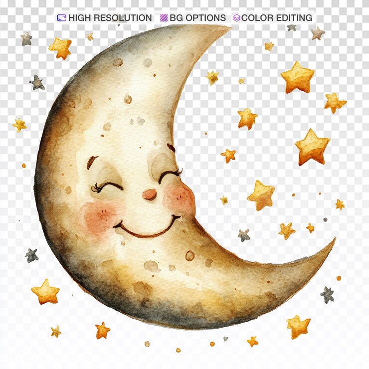 PSD caricatura de la luna sonriente en el estilo de la acuarela
