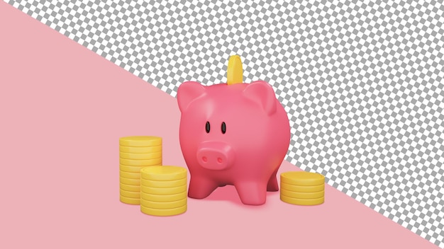 caricatura, mano, poner, moneda, a, hucha, ahorro, dinero, 3d, render, ilustración