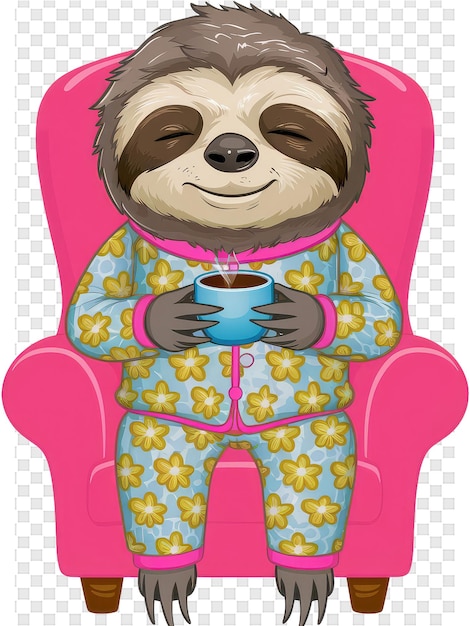 PSD una caricatura de un mapaches sentado en una silla rosa con una taza de café