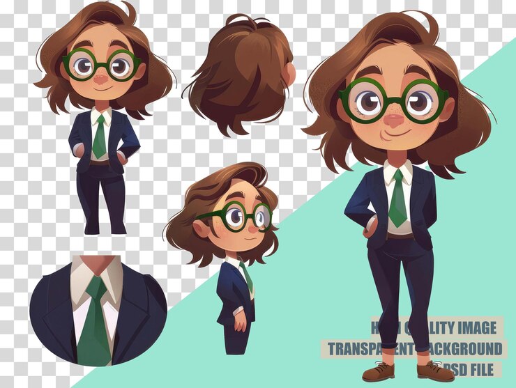 PSD una caricatura de una mujer con gafas y un traje con una corbata en un fondo transparente