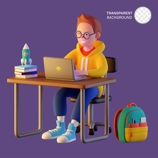 Una caricatura de un niño con gafas y una mochila con un fondo transparente
