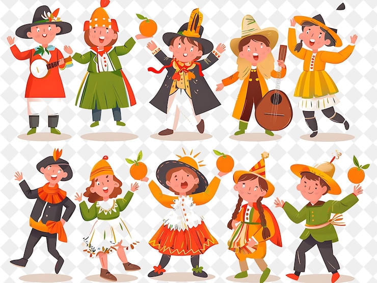 PSD una caricatura de un niño y una niña con un sombrero y una bolsa de manzanas