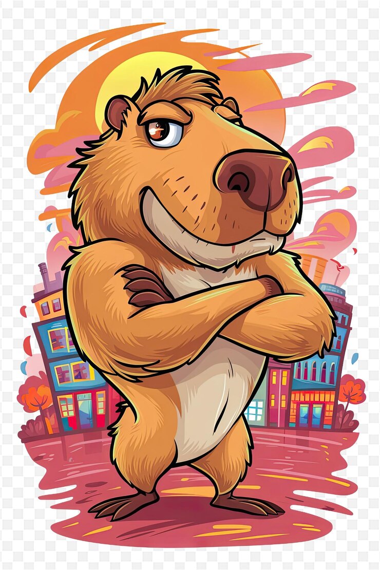 PSD una caricatura de un oso con una cara de caricatura y un edificio en el fondo