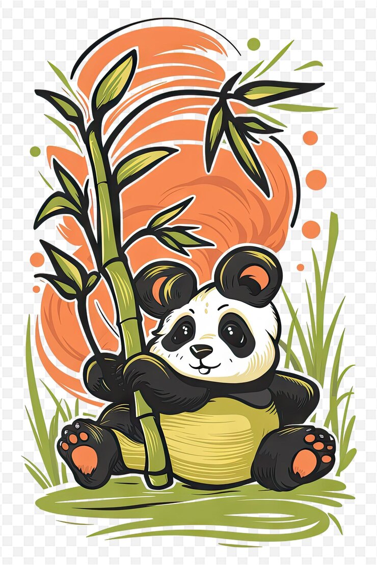 PSD una caricatura de un panda con bambú delante de él