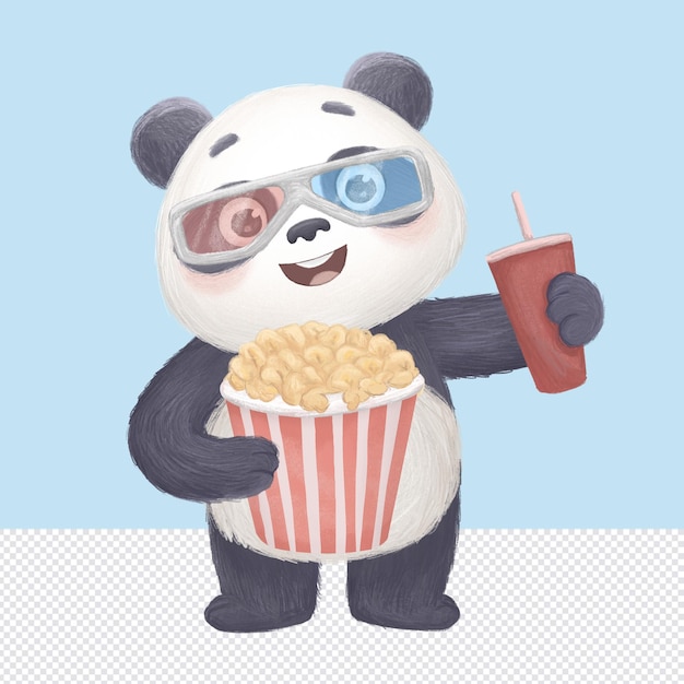 una caricatura de un panda sosteniendo una taza de palomitas de maíz