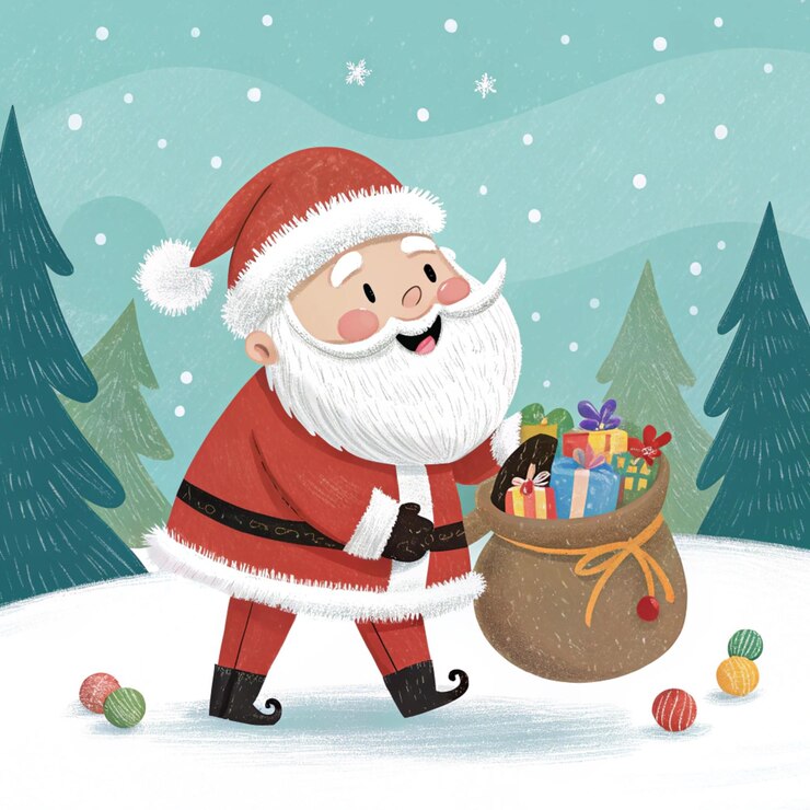 PSD una caricatura de un papá noel llevando una bolsa de regalos
