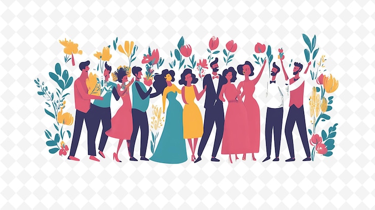 PSD una caricatura de personas con flores en el fondo