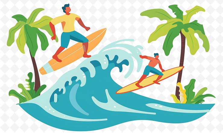 PSD una caricatura de personas montando tablas de surf en una tabla con palmeras en el fondo