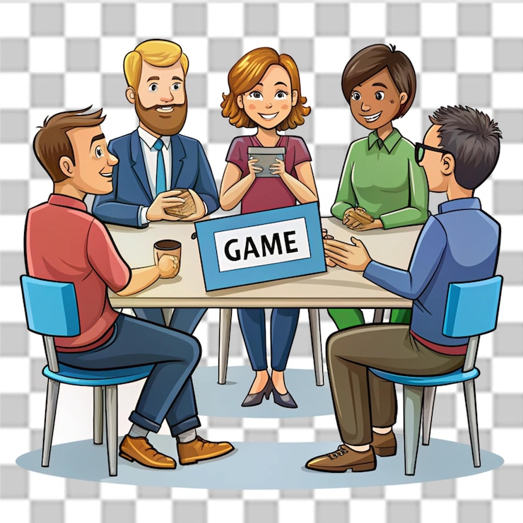 PSD caricatura de personas sentadas en una mesa con una carta etiquetada juego