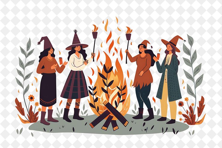 PSD una caricatura de personas en trajes y sombreros de pie alrededor de un fuego
